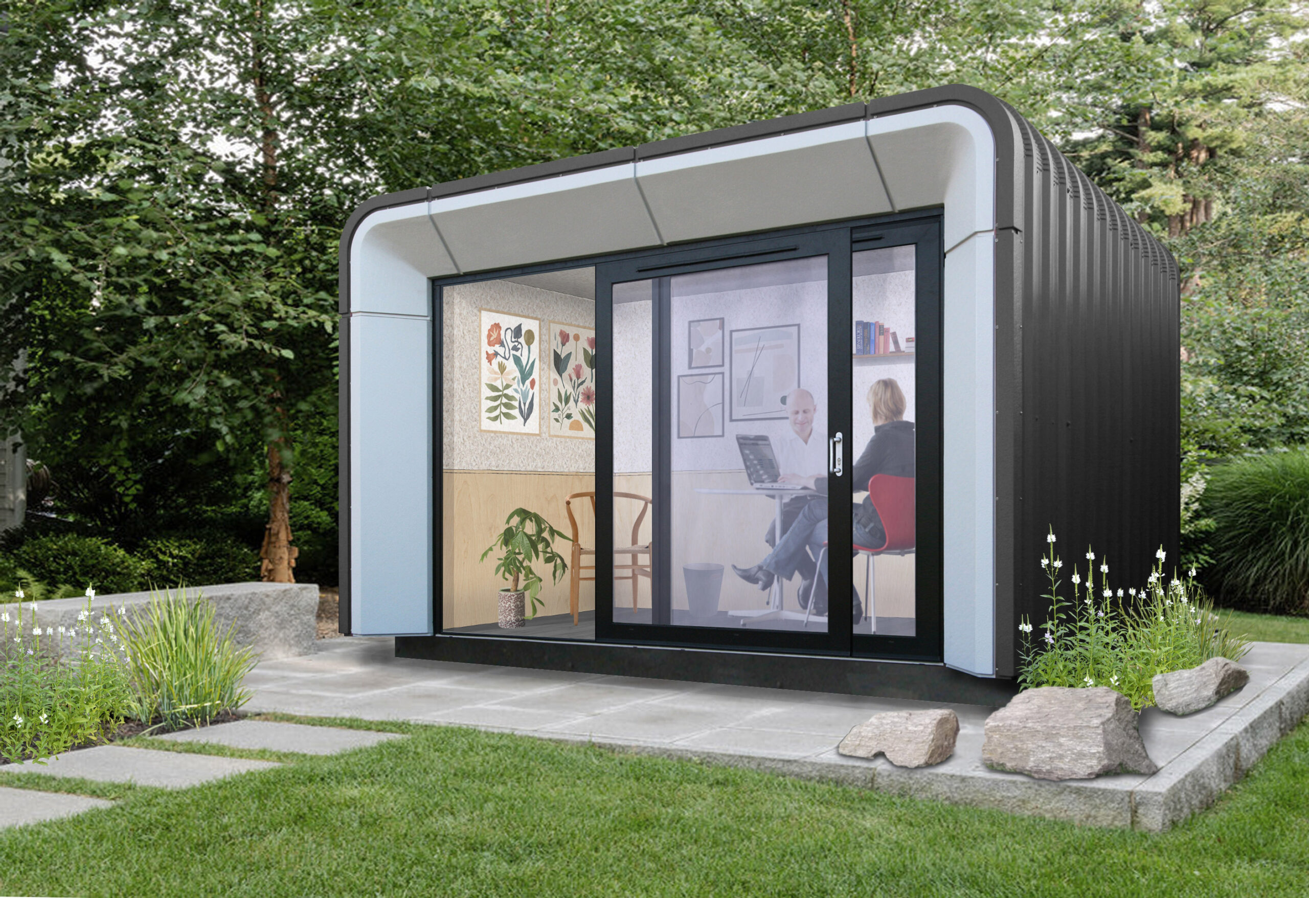 angled view of Rumipod Ampo garden office, finished in an Anthracite colour, with man and woman sitting inside
