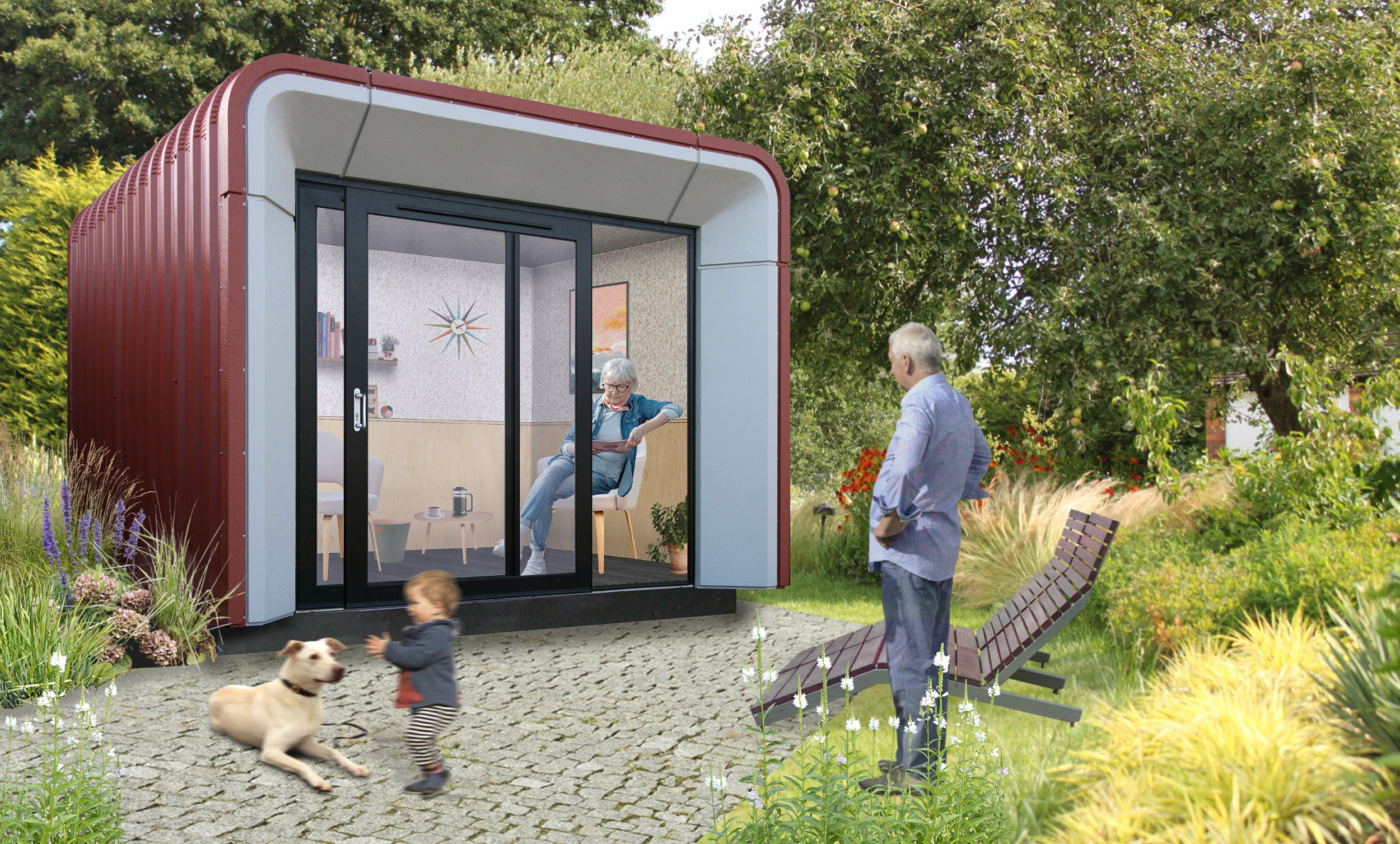 modern garden room with grandparents, child and pet dog